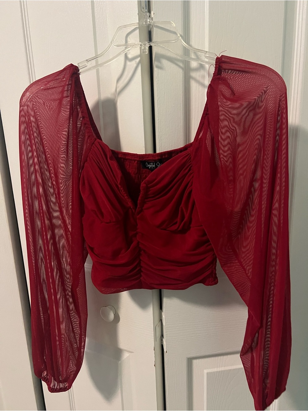 Ruched Burgundy Mesh-Sleeve Crop Top